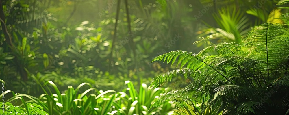 Lush green tropical rainforest scene with sunlight filtering through dense foliage, creating a serene and vibrant natural landscape.