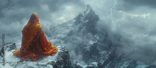 A monk meditates amid a snowstorm on a high mountain peak. covered with snow With a calm mind Along with rain and snow storms, lightning strikes in the distance. photo