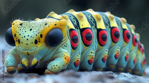 A vividly colored caterpillar with striking patterns and large, expressive eyes crawls along a surface, showcasing nature's intricate beauty