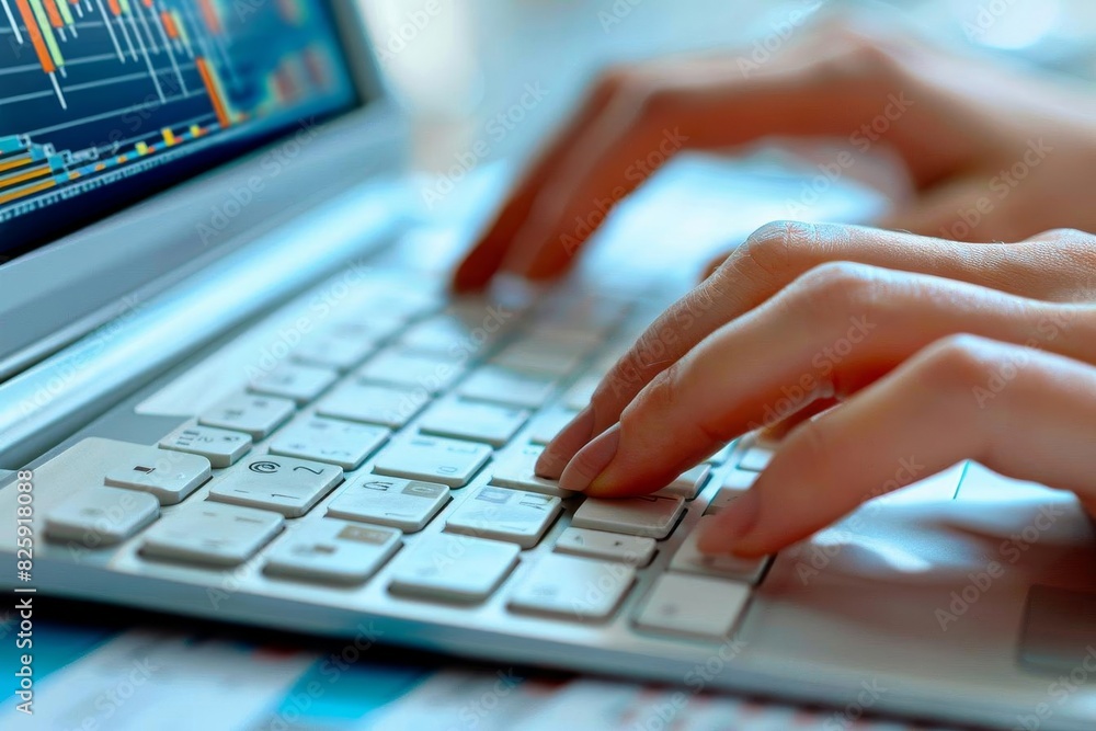 Close-up of hands typing on a laptop keyboard with financial data on the screen, representing digital work and analysis in a business environment. Close-up of hands typing on a laptop keyboard with financial data on the screen, representing digital work and analysis in a business environment.