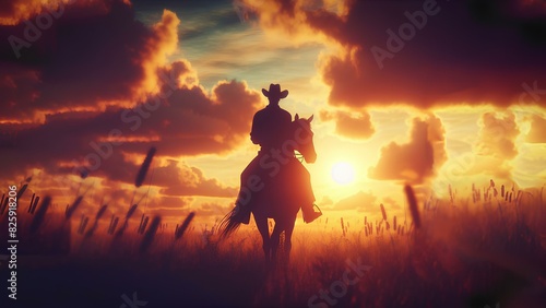 cowboy on a horse on the sunset background 