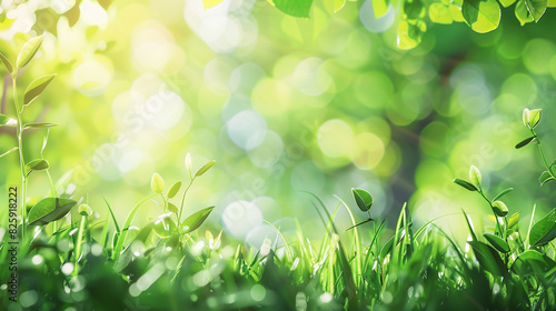Sunlit Green, Lush Grass and Tree Leaves Background