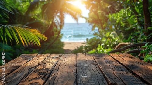 Summer tropical sea with waves, palm leaves and blue sky with clouds. Perfect vacation landscape with empty wooden table.