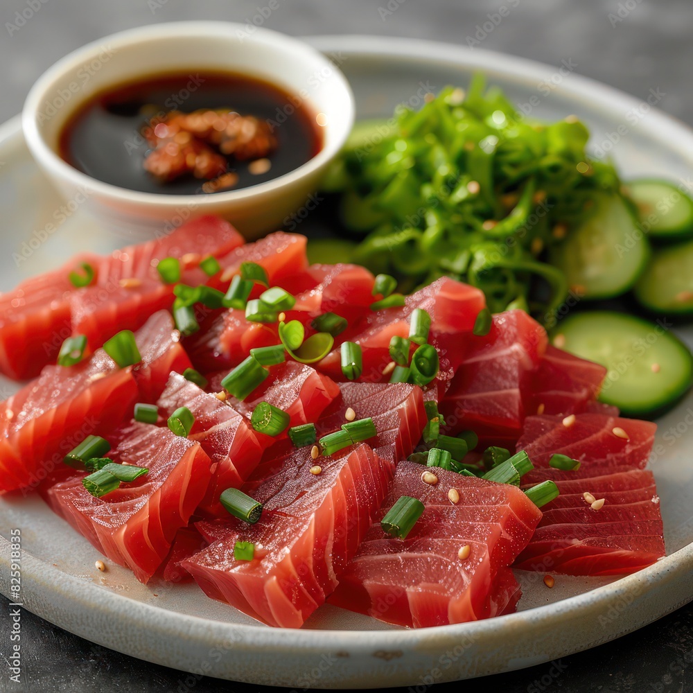 a fresh serving of tuna sashimi with light soy sauce