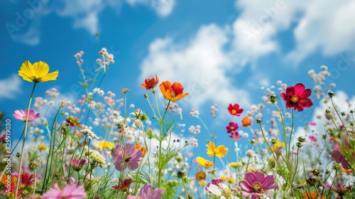 Field of spring flowers under a blue sky