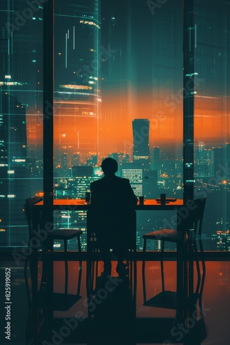 Business and Finance Concept : A man sits at a table in a room with a view of the city