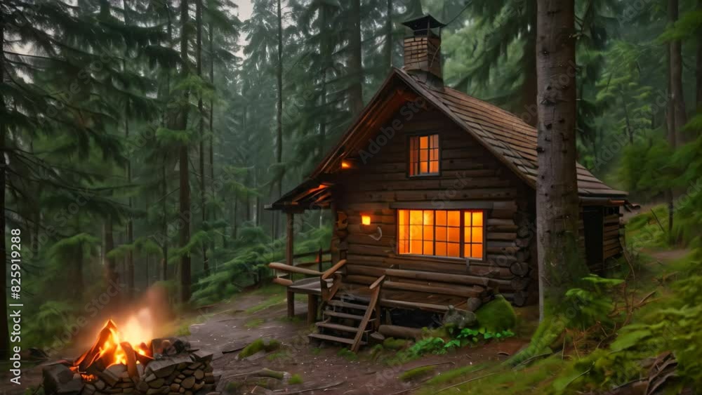 A cabin in the woods with a fire pit burning outside, surrounded by trees, A cozy cabin nestled in the woods with a warm fire burning inside A cabin in the woods with a fire pit burning outside, surrounded by trees, A cozy cabin nestled in the woods with a warm fire burning inside