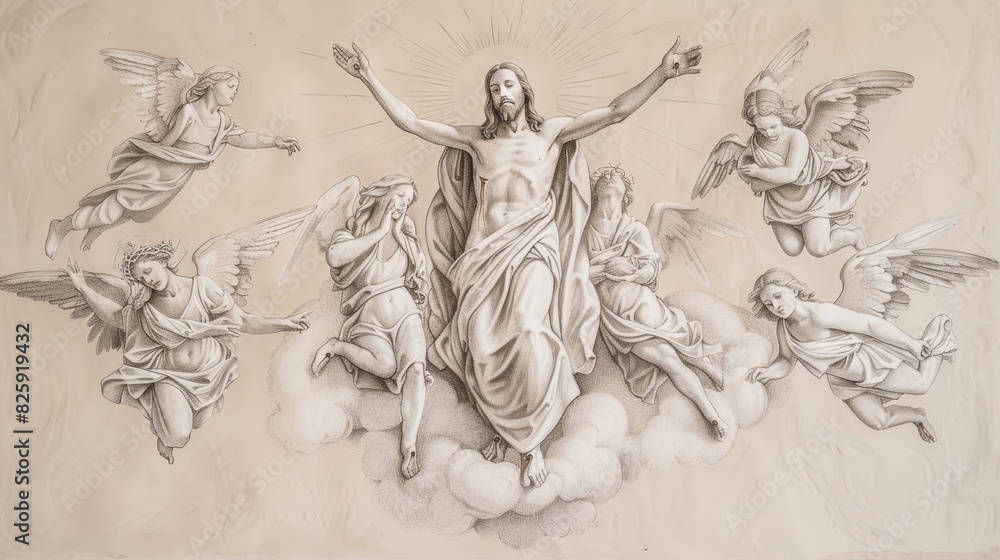 Fototapeta premium Jesus Ascending into Heaven, a Beautiful Biblical Illustration of Faith and Divine Glory