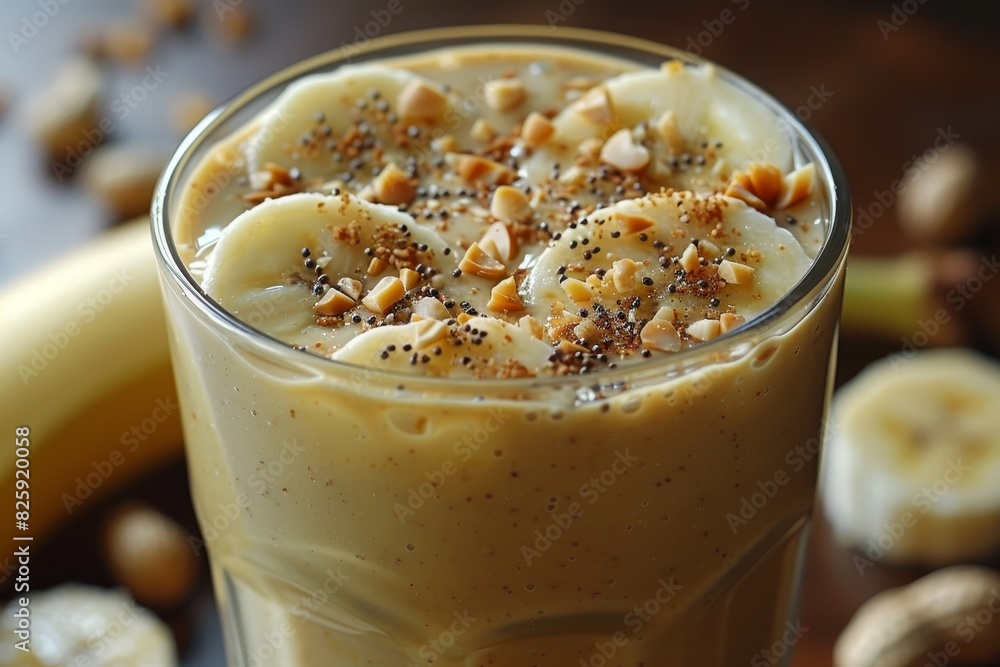 Banana Peanut Butter Smoothie - Creamy light brown with banana slices and a sprinkle of crushed peanuts. 