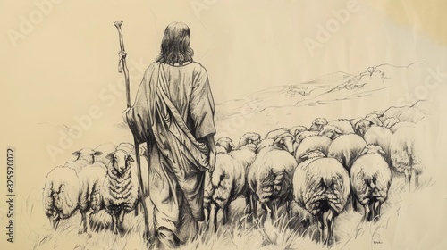 Biblical Illustration of Jesus as the Good Shepherd, Holding a Staff and Leading Sheep