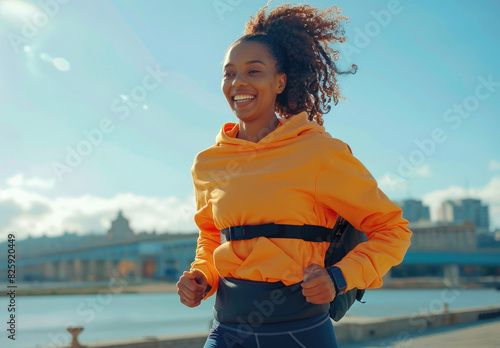 A beautiful woman in her late thirties, smiling and running outdoors wearing an orange hoodie with navy blue leggings holding a fomo waist bag