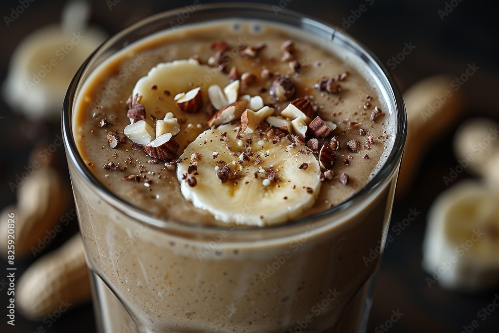 Banana Peanut Butter Smoothie - Creamy light brown with banana slices and a sprinkle of crushed peanuts. Banana Peanut Butter Smoothie - Creamy light brown with banana slices and a sprinkle of crushed peanuts.