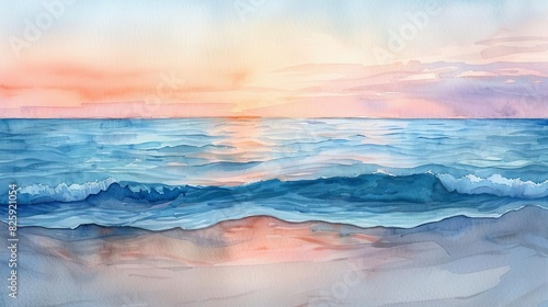 Beautiful watercolor painting of a serene beach at sunset, showcasing gentle waves and a colorful sky blending into the horizon. photo