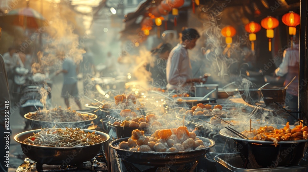 Bustling street food market with various dishes being cooked, colorful lanterns hanging above, and people enjoying the vibrant atmosphere. Bustling street food market with various dishes being cooked, colorful lanterns hanging above, and people enjoying the vibrant atmosphere.