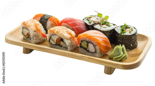 A wooden tray holding a variety of colorful sushi pieces, beautifully arranged and ready to be enjoyed