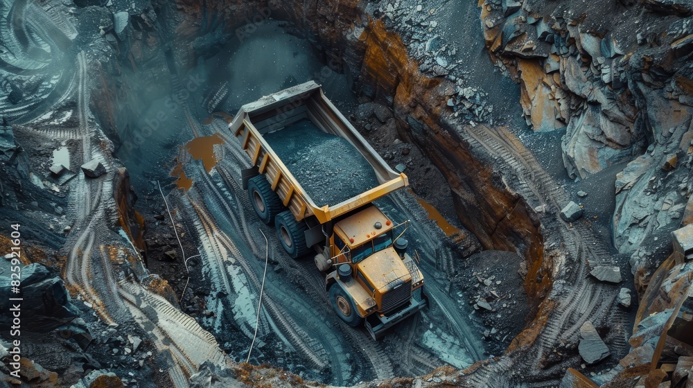A large pit with a truck in it A large pit with a truck in it