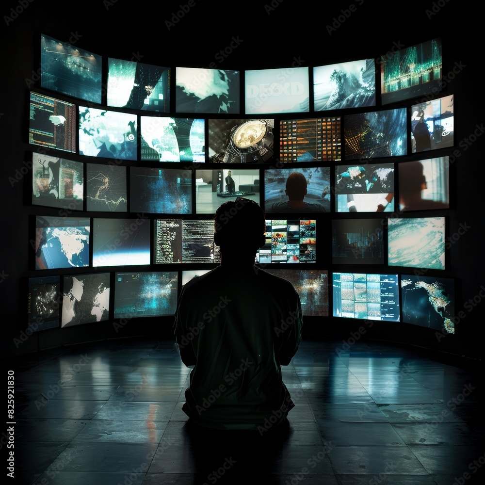 A man stands in front of a wall of computer monitors A man stands in front of a wall of computer monitors