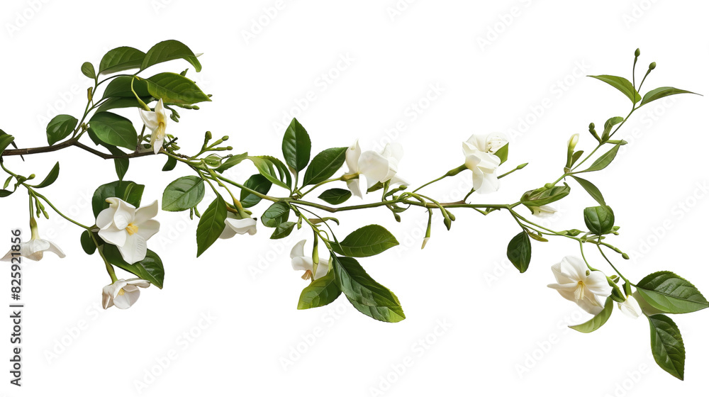 A branch covered in white flowers and green leaves A branch covered in white flowers and green leaves