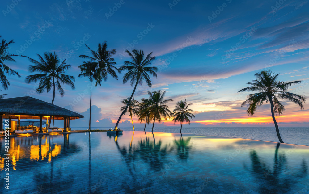 A stunning view of the pool at an elegant resort in Maldives, with palm trees and sunset colors reflecting on the clear water