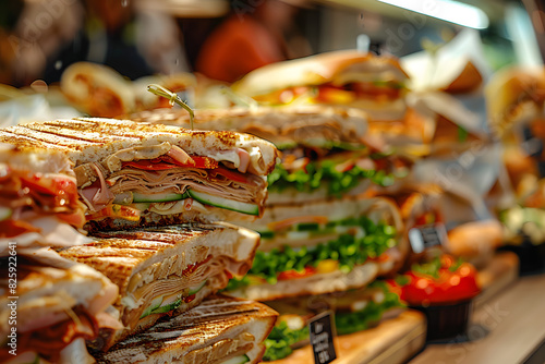 Sandwiches in a deli display.