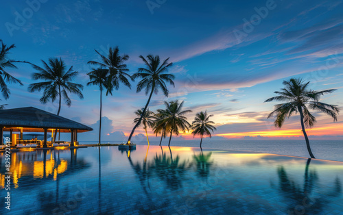 A stunning view of the pool at an elegant resort in Maldives  with palm trees and sunset colors reflecting on the clear water
