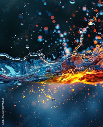 Abstract visual of water and fire collision, vibrant colors in fluid motion, representing natural elements in dynamic contrast.