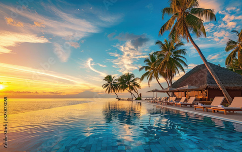 A stunning view of the pool at an elegant resort in Maldives  with palm trees and sunset colors reflecting on the clear water