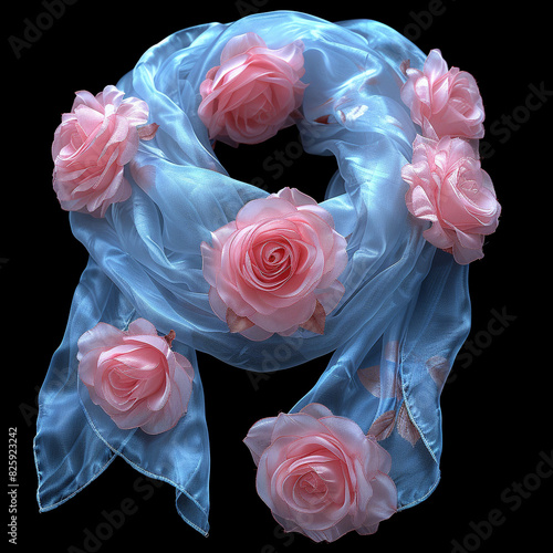 Silk Organza Scarf with Pink Rose Decorations