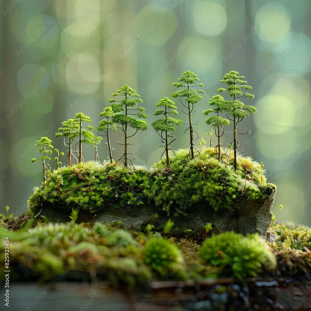 Fototapeta premium Close-up of tiny forest moss and miniature trees growing on a log in a blurred green forest background.