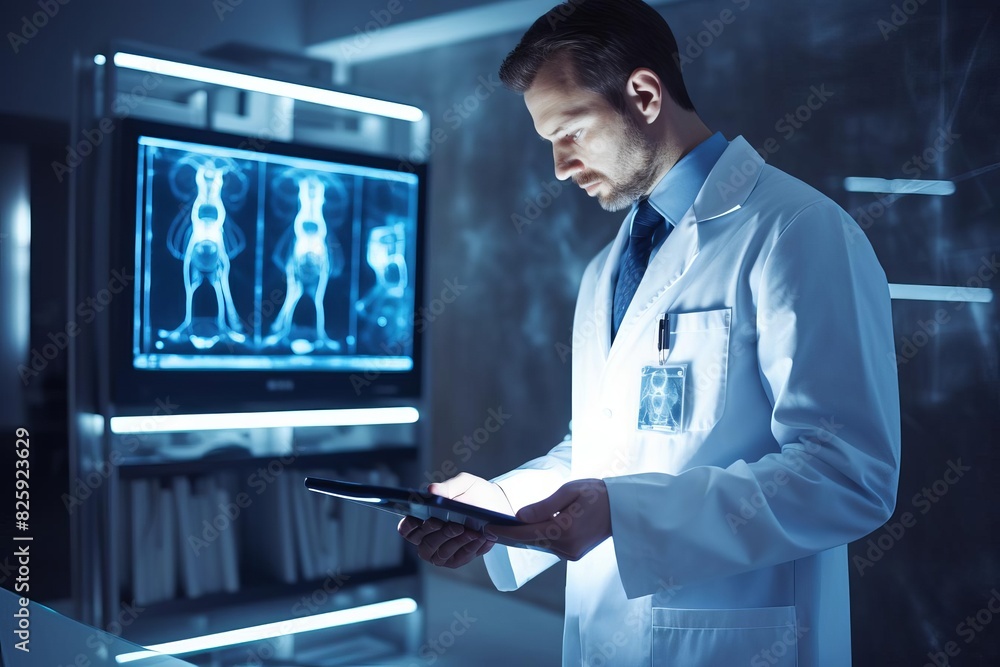 Doctor in white coat analyzing medical data on tablet in modern lab with X-ray images in the background. Doctor in white coat analyzing medical data on tablet in modern lab with X-ray images in the background.