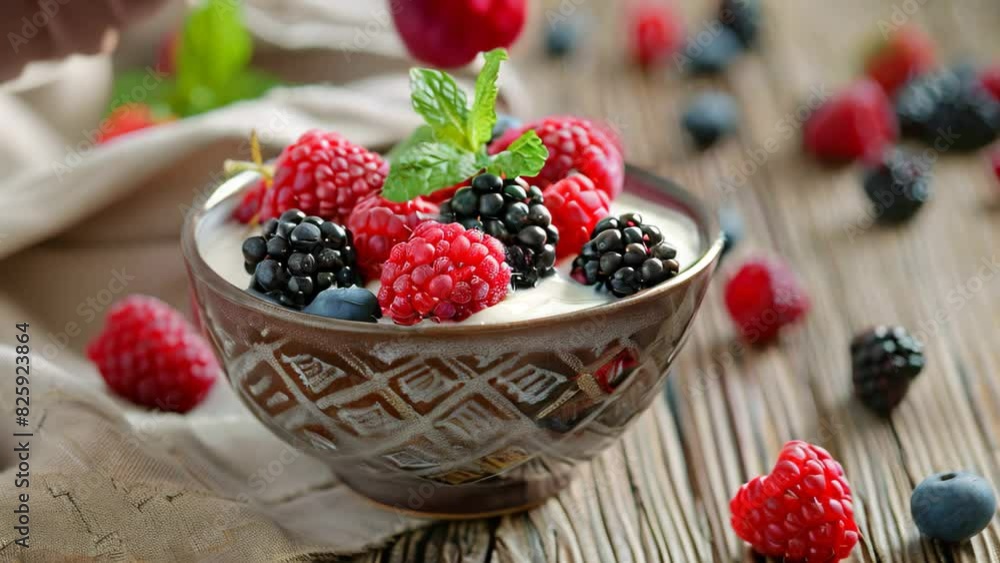 A bowl filled with fresh berries and creamy yogurt sits on a wooden table, A cozy table with a bowl of berries and yogurt A bowl filled with fresh berries and creamy yogurt sits on a wooden table, A cozy table with a bowl of berries and yogurt