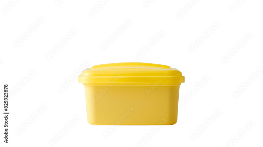 A yellow plastic container sits on a plain white background, showcasing its bright color against the neutral backdrop A yellow plastic container sits on a plain white background, showcasing its bright color against the neutral backdrop