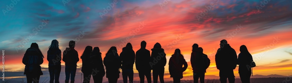 A group of people are silhouetted against a colorful sky