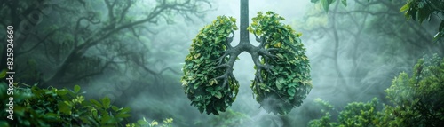 Ethereal forest with lungs composed of leafy branches, floating amidst mist, symbolizing clean air and health photo
