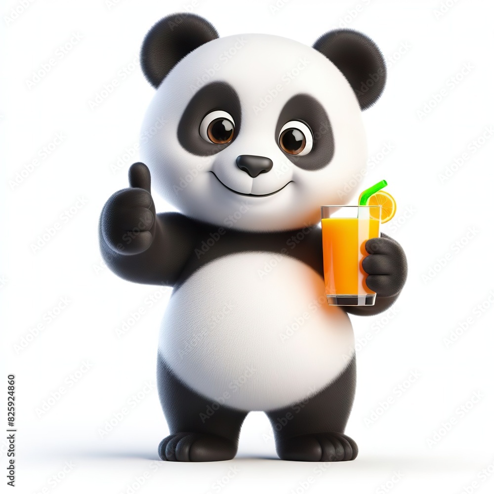Naklejka premium 3d render standing smiling panda full mascot, holding A glass of juice, showing thumbs up