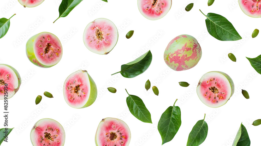 Assorted fruit slices with green leaves on top, creating a vibrant and refreshing display Assorted fruit slices with green leaves on top, creating a vibrant and refreshing display