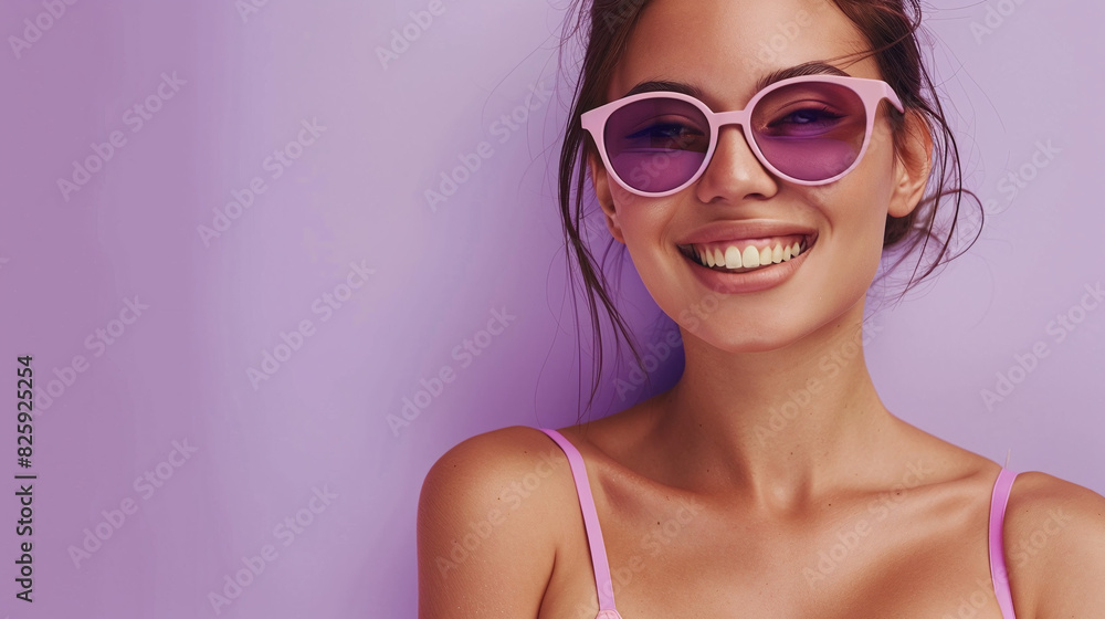 Joyful young woman in a swimsuit and glasses on a purple background Joyful young woman in a swimsuit and glasses on a purple background