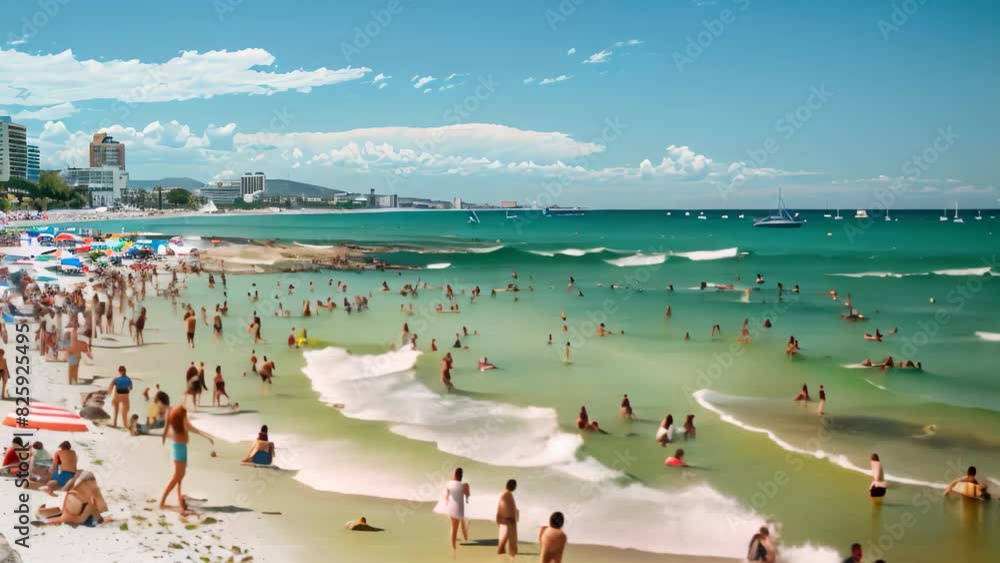 A crowded beach filled with lots of people enjoying a sunny day by the sea, A crowded beach on a sunny day with families and tourists A crowded beach filled with lots of people enjoying a sunny day by the sea, A crowded beach on a sunny day with families and tourists