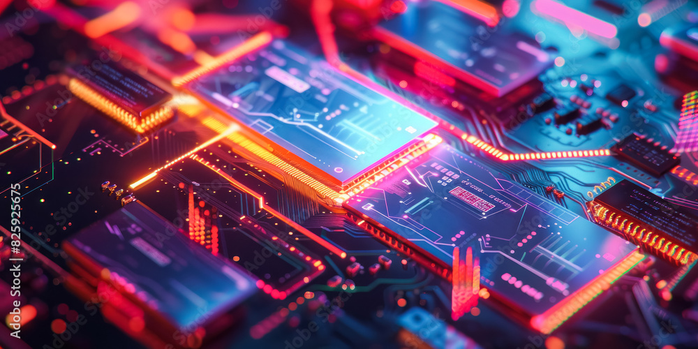 Close-up of a vibrant and futuristic circuit board with glowing neon lights, illustrating advanced technology and electronic components Close-up of a vibrant and futuristic circuit board with glowing neon lights, illustrating advanced technology and electronic components
