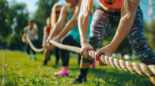 Athletic woman participating in tug of war with friends in summer park