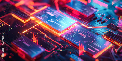 Close-up of a vibrant and futuristic circuit board with glowing neon lights, illustrating advanced technology and electronic components © Юлия Падина