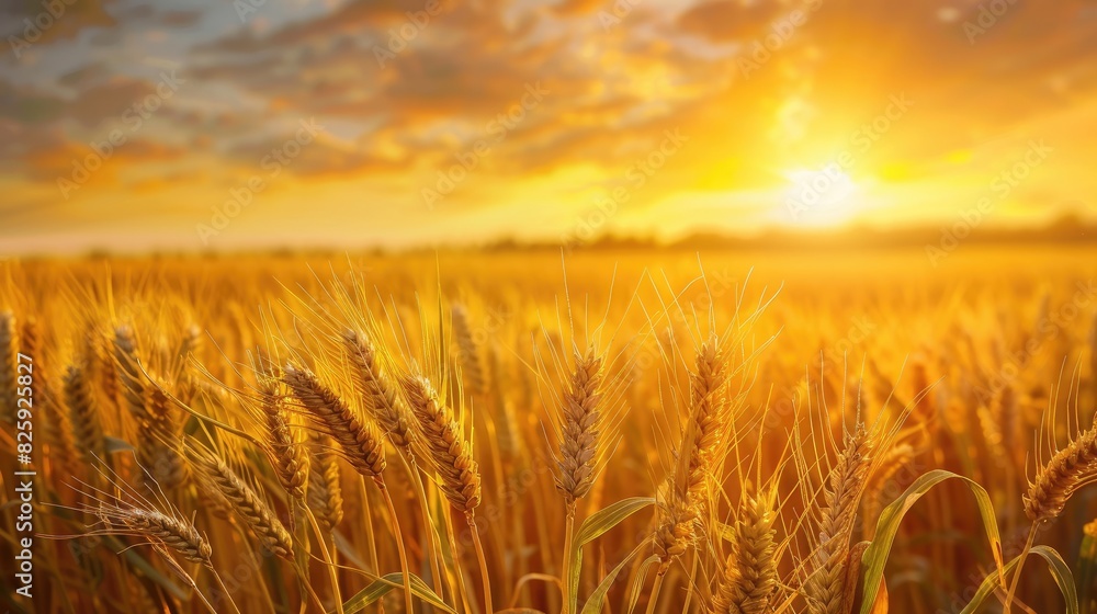 Fototapeta premium Stock image of a flourishing wheat field with corn and a gentle breeze depicting agricultural scenery and natural beauty