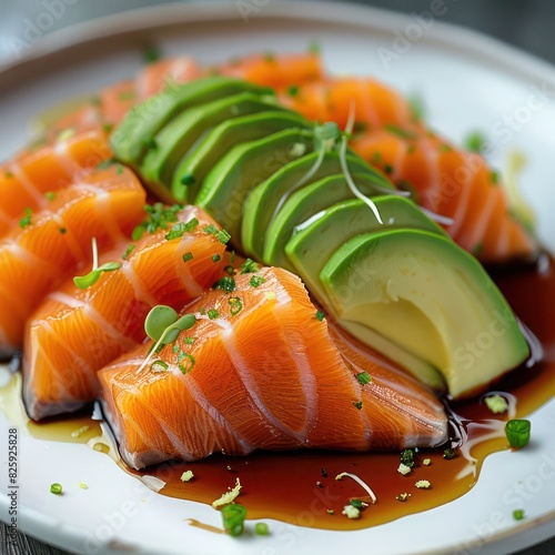 a plate of fresh raw salmon sashimi served with thinly sliced fresh avocados, garnished with herbs and spices alongside a drizzle of teriyaki sauce photo