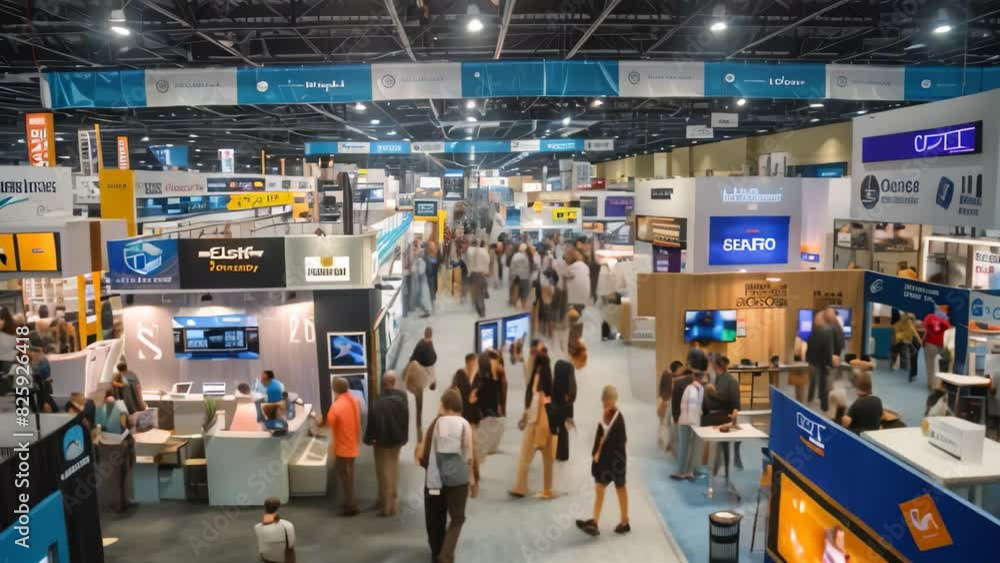 People moving amongst trade show booths in a crowded convention hall, A ...