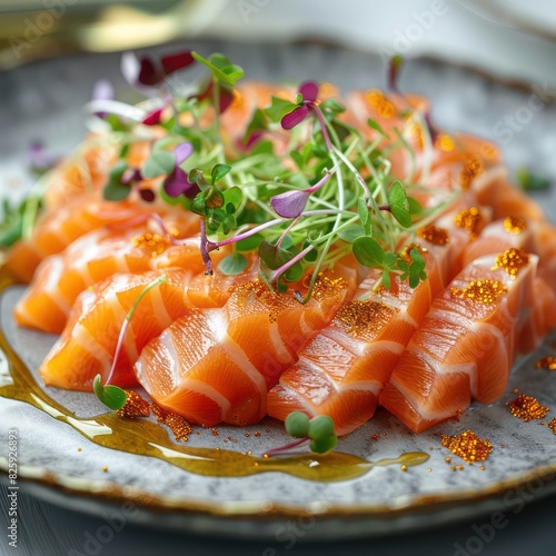 a sumptuous portion of thickly cut fresh raw salmon sashimi presented in an arrangement of finely decorated food art that showcases freshness and quality photo