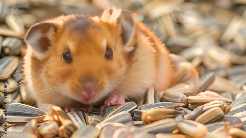 A hamster is seated in a pile of sunflower seeds, appearing curious and engaged, A curious hamster investigating a pile of sunflower seeds photo