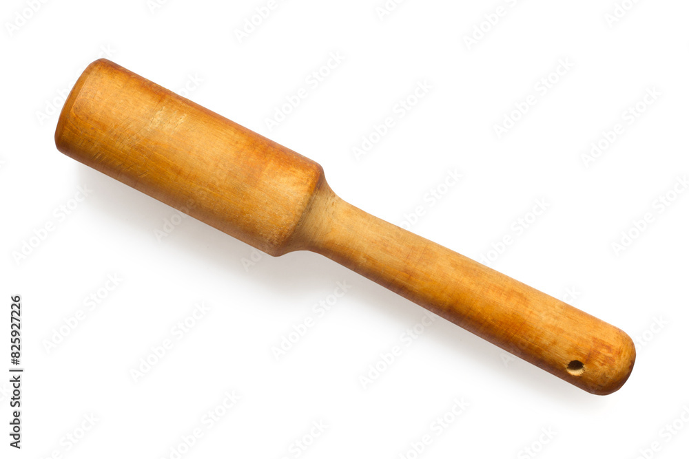 A wooden rolling pin with a long handle on a white background. Old wooden rolling pin isolated. With a shadow. A wooden rolling pin with a long handle on a white background. Old wooden rolling pin isolated. With a shadow.