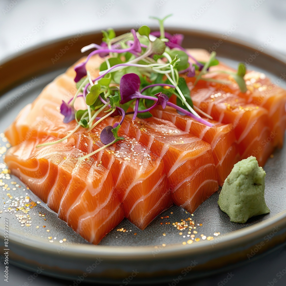 a sumptuous portion of thickly cut fresh raw salmon sashimi presented in an arrangement of finely decorated food art that showcases freshness and quality a sumptuous portion of thickly cut fresh raw salmon sashimi presented in an arrangement of finely decorated food art that showcases freshness and quality