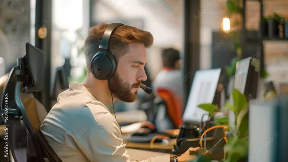 A man, dressed as a customer service representative, wearing headphones and working on a computer, A customer service representative providing troubleshooting assistance over a live chat A man, dressed as a customer service representative, wearing headphones and working on a computer, A customer service representative providing troubleshooting assistance over a live chat