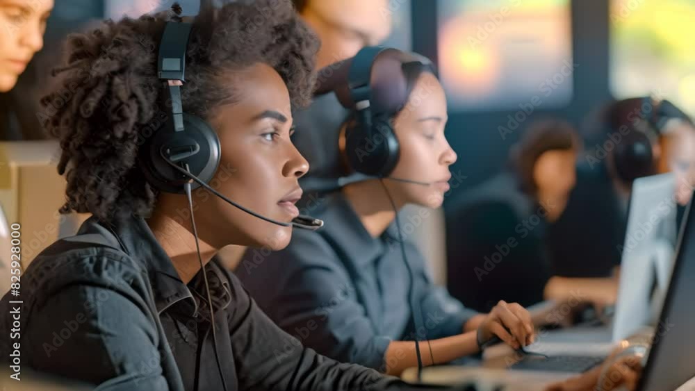 A woman wearing a headset while using a laptop, A customer service team working together to resolve a complex issue A woman wearing a headset while using a laptop, A customer service team working together to resolve a complex issue
